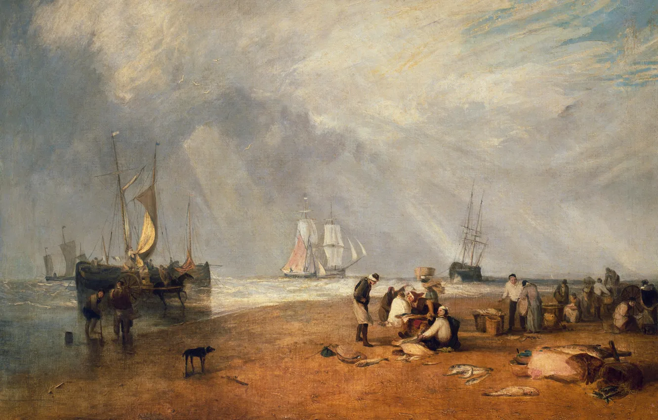 Photo wallpaper sea, shore, people, ship, picture, sail, seascape, genre