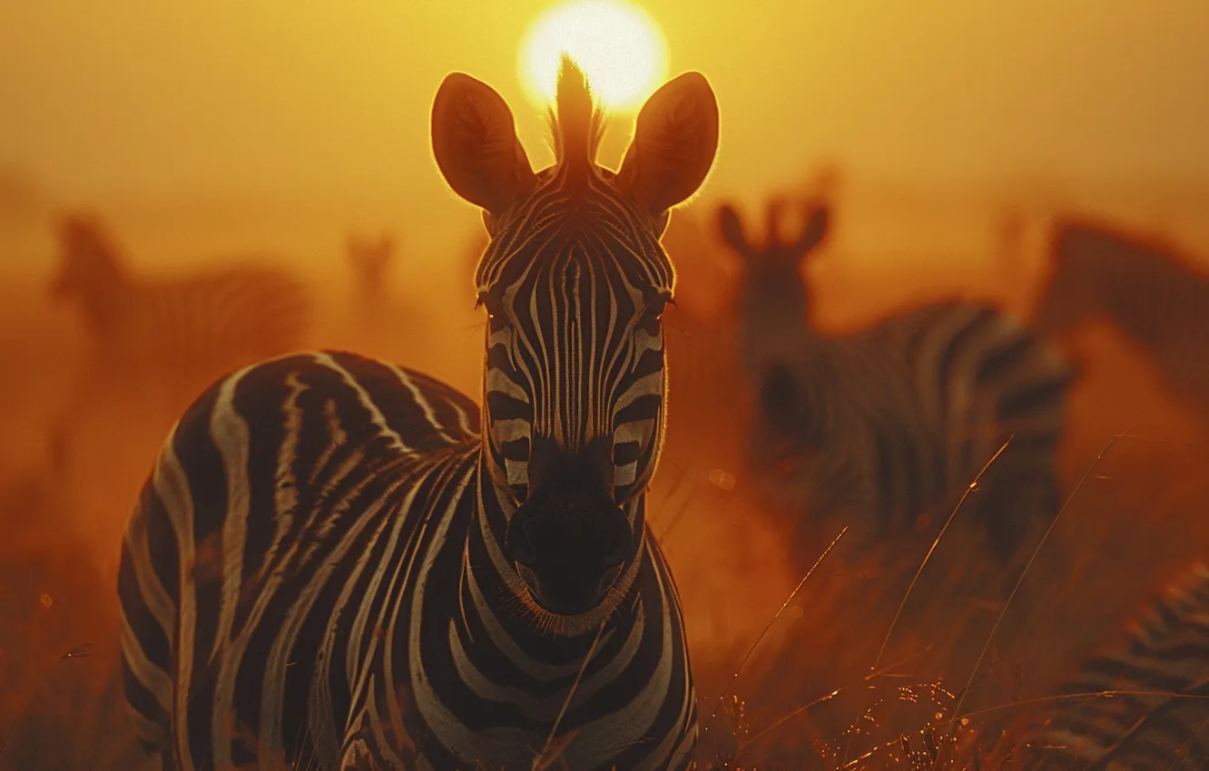 Photo wallpaper the sun, dawn, Zebra, digital art, AI art, The Art of Artificial Intelligence, neural network