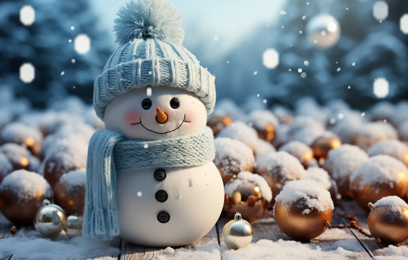 Photo wallpaper winter, snow, decoration, snowflakes, balls, new year, Christmas, snowman