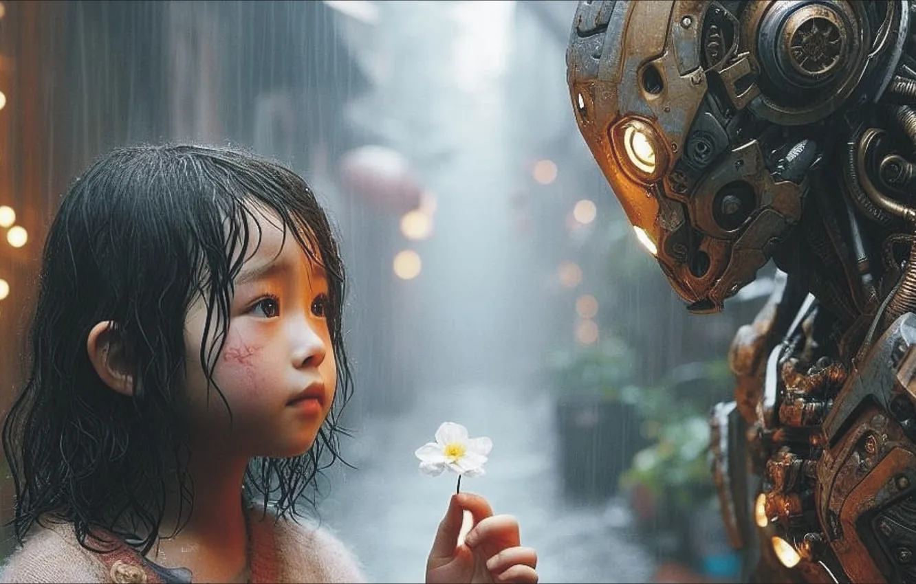Photo wallpaper robot, flower, art, two, fantastic, little girl, hello