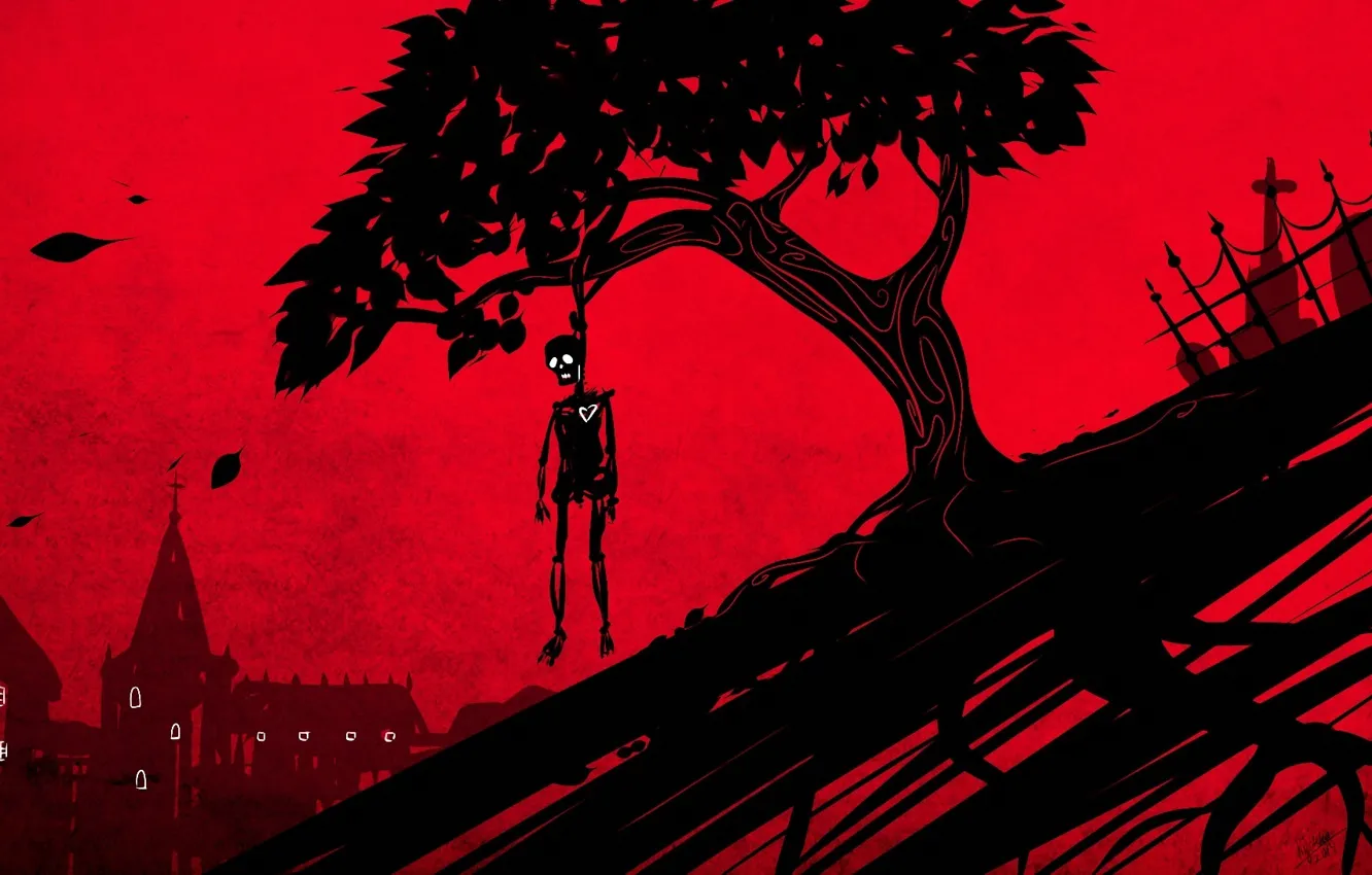 Photo wallpaper leaves, trees, heart, home, fence, art, skeleton, red background