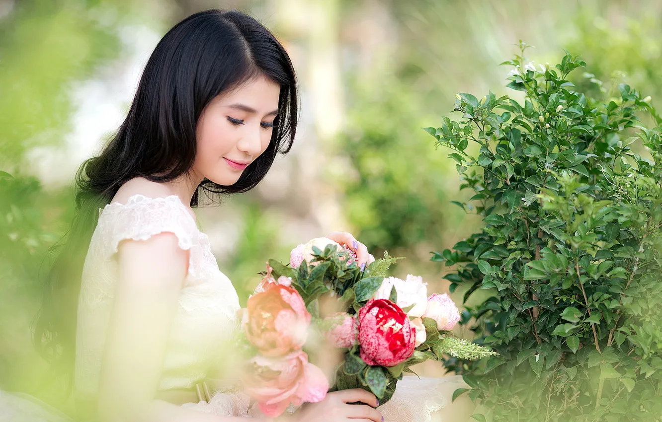 Photo wallpaper girl, flowers, Asian