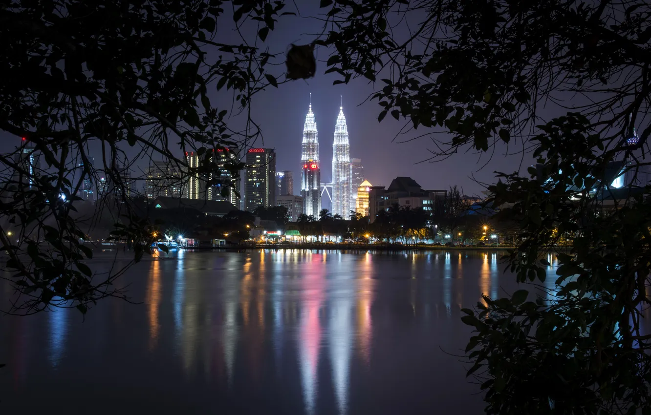 Photo wallpaper night, branches, lights, river, building, home, promenade, Malaysia