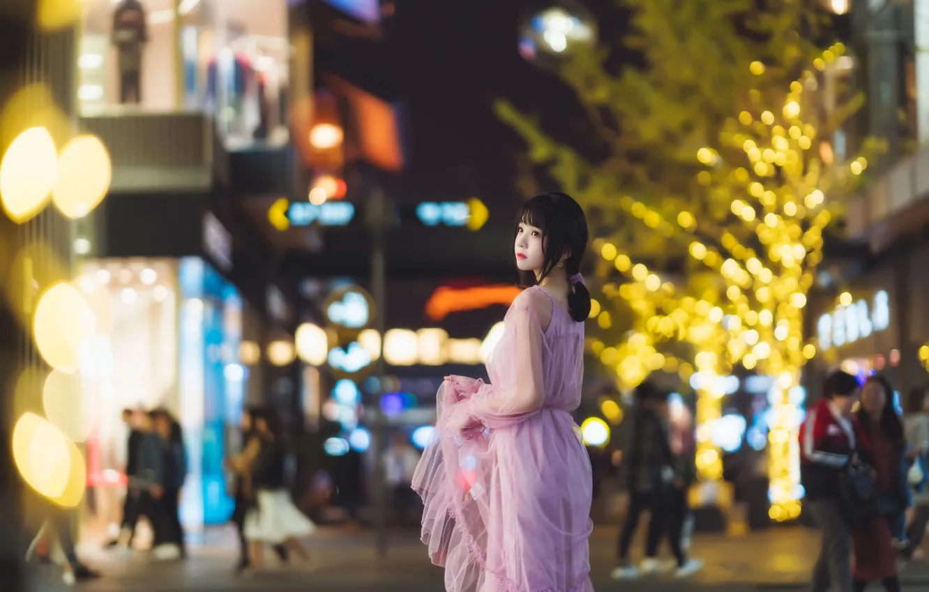 Photo wallpaper Beautiful, Asian, Model, Lights, Night, Street, Woman, Back