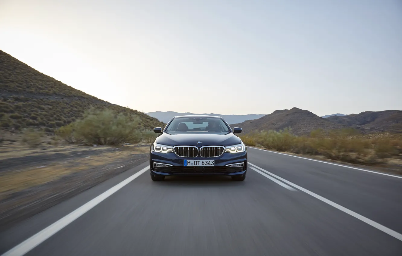 Photo wallpaper road, the sky, mountains, BMW, sedan, front view, xDrive, 530d