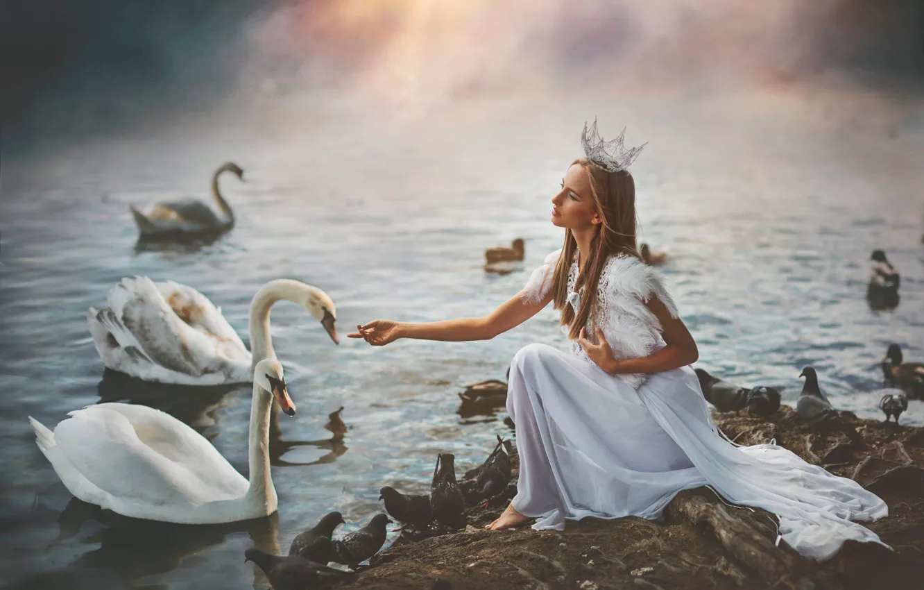 Photo wallpaper girl, birds, crown, swans, Princess, pond