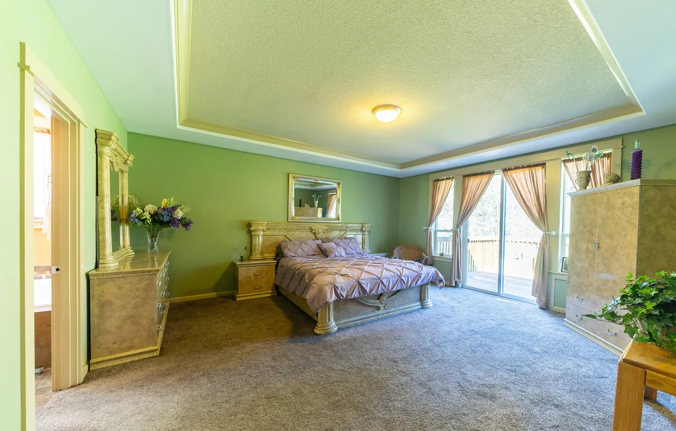 Photo wallpaper design, room, bed, mirror, window, balcony, bedroom