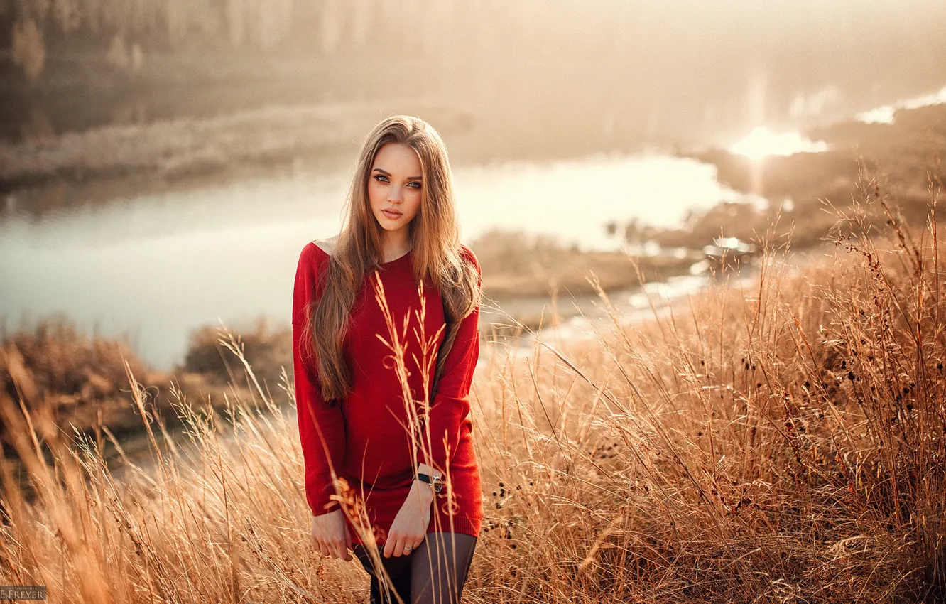 Photo wallpaper grass, look, the sun, landscape, nature, river, portrait, makeup