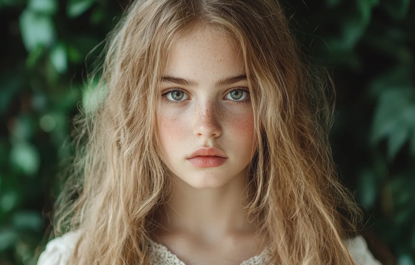 Photo wallpaper look, girl, face, portrait, girl, freckles, green background, the expression