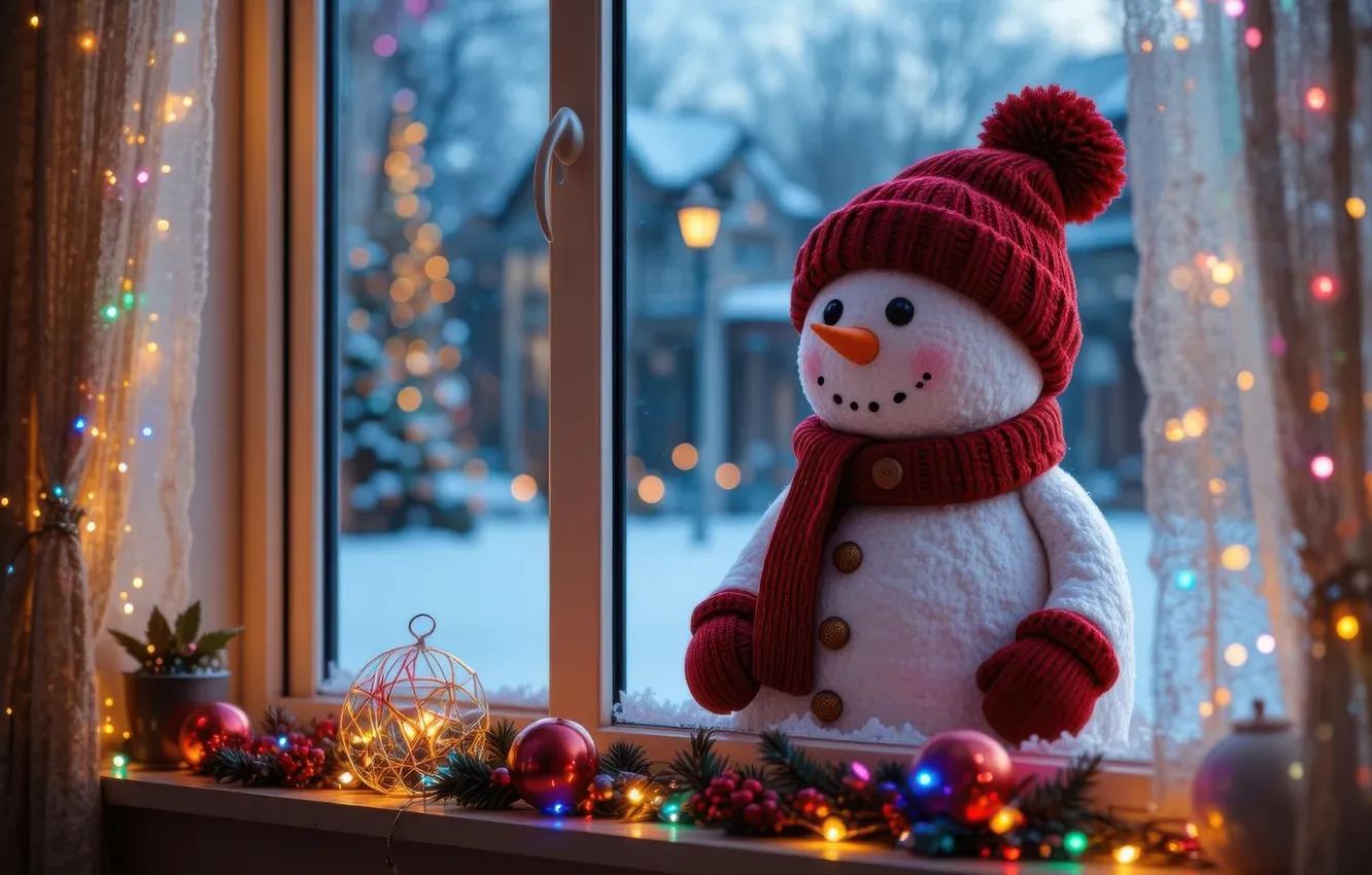 Photo wallpaper winter, glass, balls, snow, lights, frame, new year, window