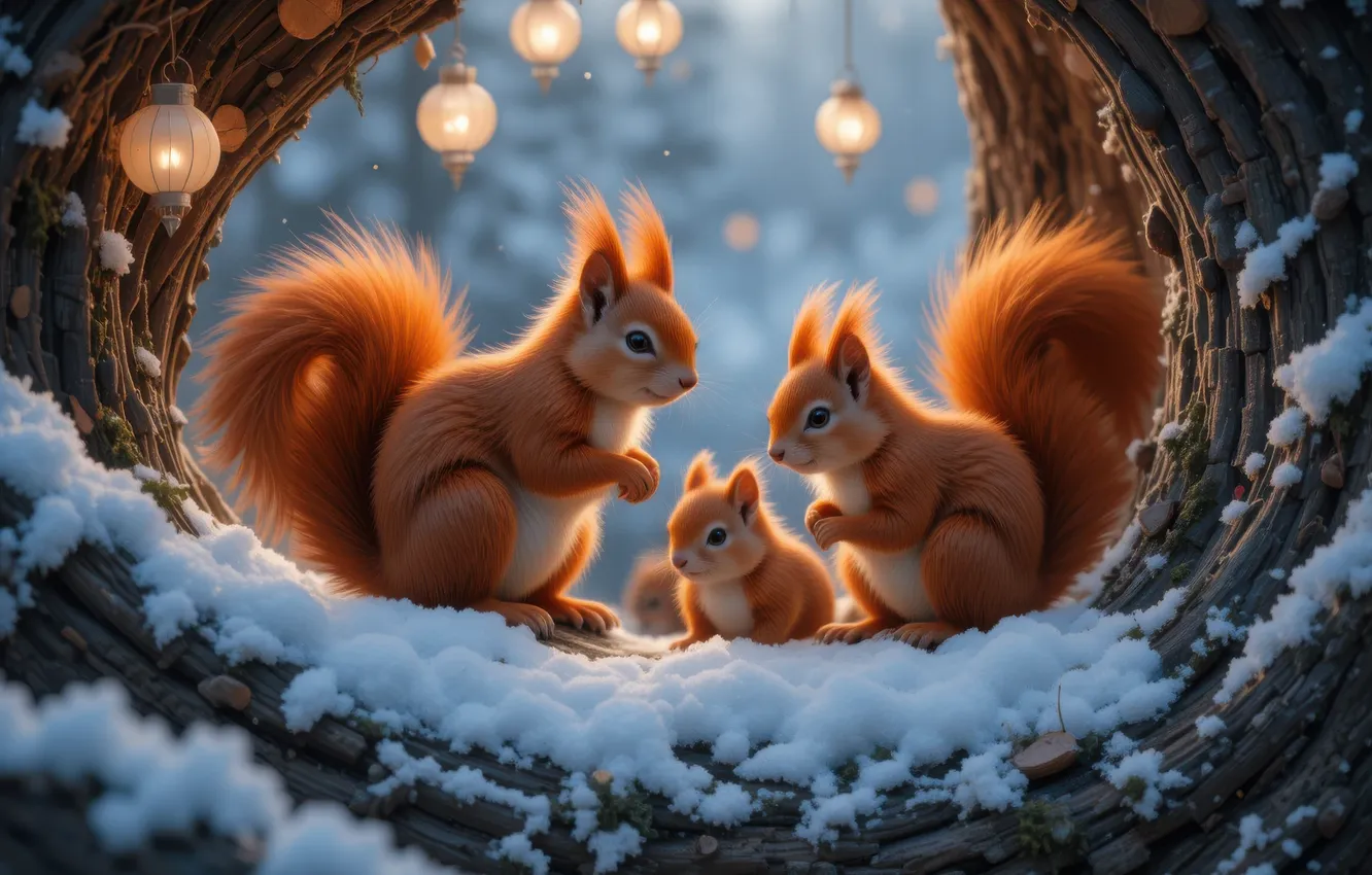 Photo wallpaper winter, snow, protein, lights, trunk, house, bark, family