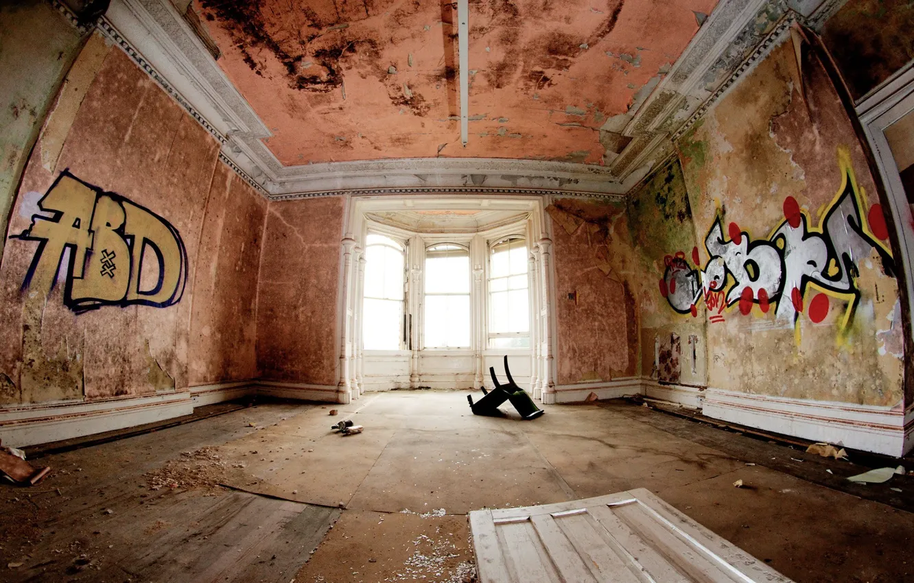 Photo wallpaper garbage, wall, chair, dirt, Room, chair, drawings, grafiti