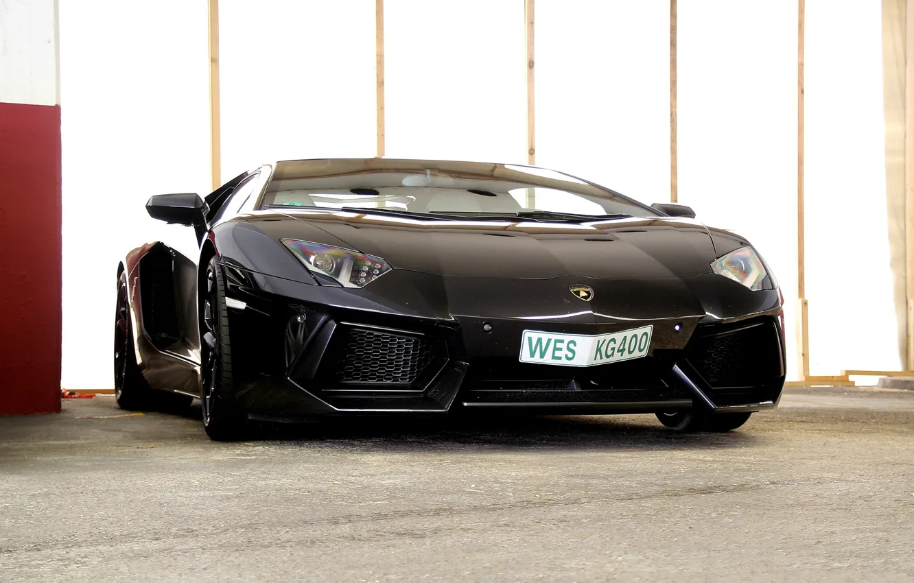 Photo wallpaper wall, black, Parking, lamborghini, black, aventador, lp700-4, Lamborghini