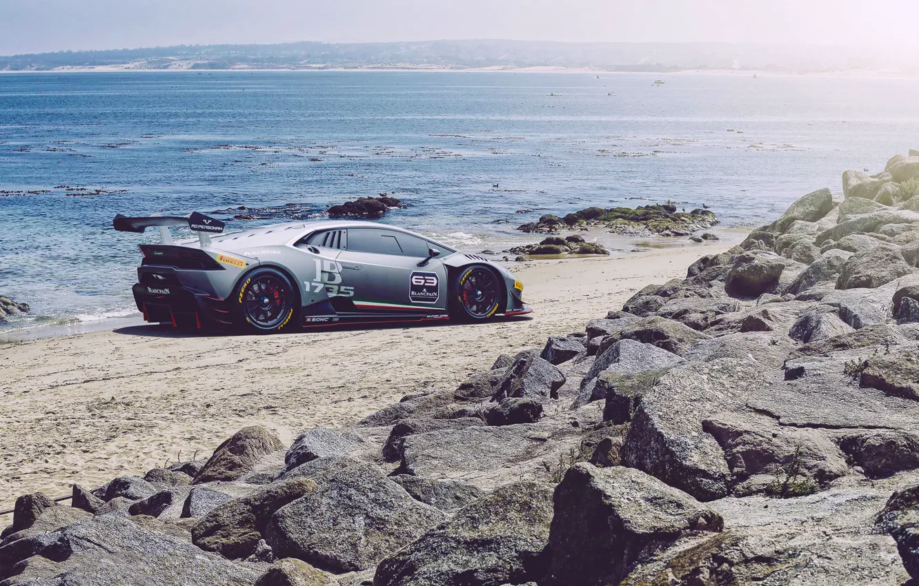 Photo wallpaper Lamborghini, Car, Race, Beach, Sun, Super, Rear, Huracan
