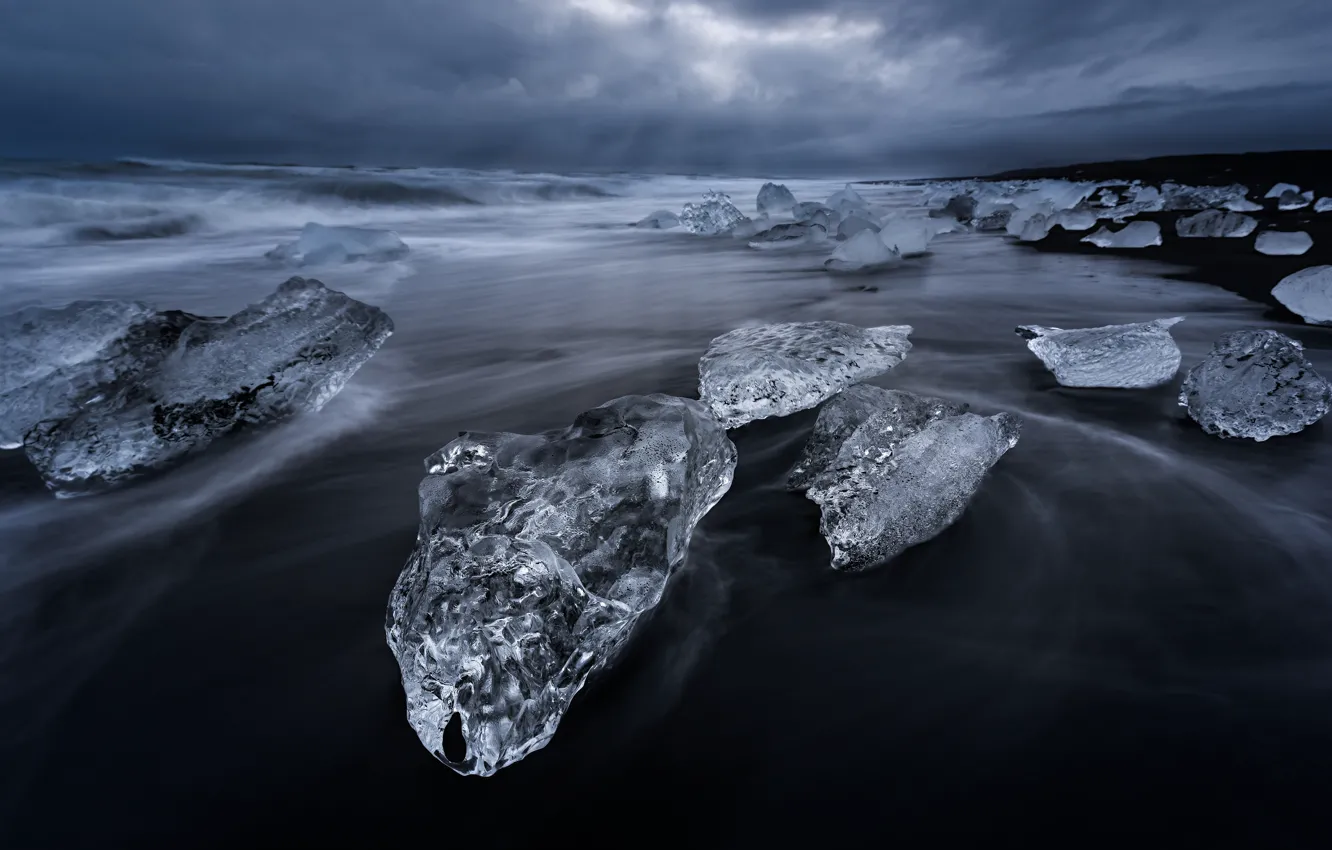 Photo wallpaper ice, winter, sea, wave, clouds, darkness, overcast, shore