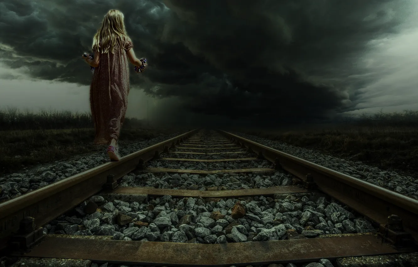 Photo wallpaper Clouds, Road, Clouds, Girl, The storm, Girl, The way, Landscape