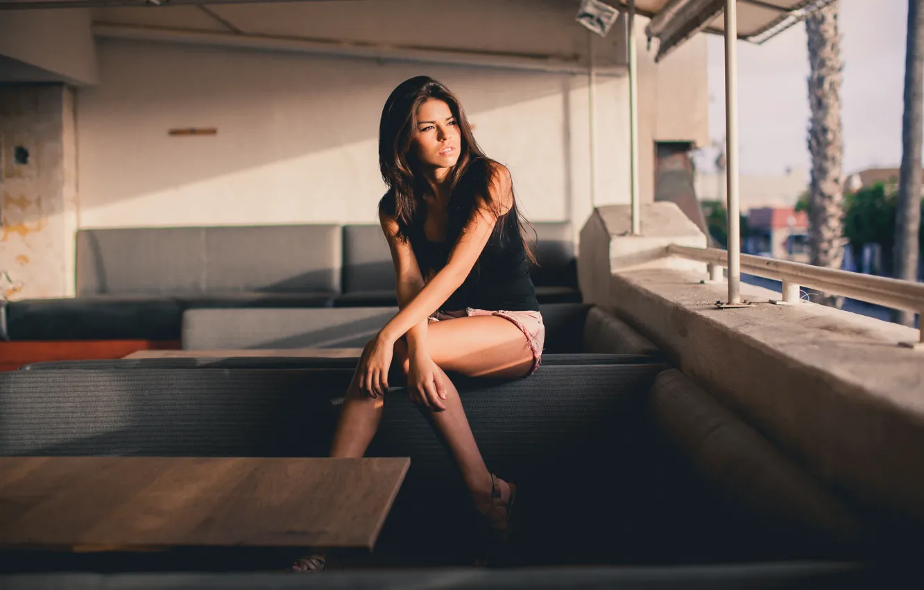 Photo wallpaper girl, pose, brunette, sitting, Mabelynn