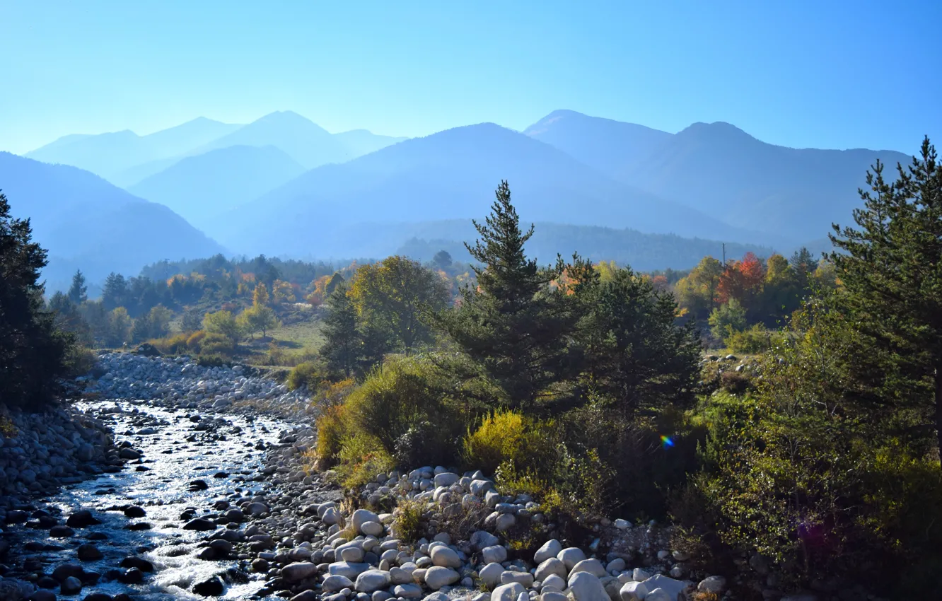 Photo wallpaper river, autumn, mountain, sun, Bulgaria, Bansko