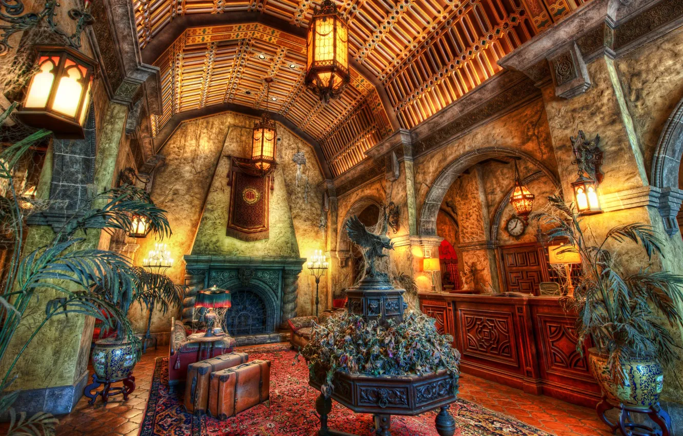 Photo wallpaper web, hdr, fireplace, the hotel, the hotel, suitcases