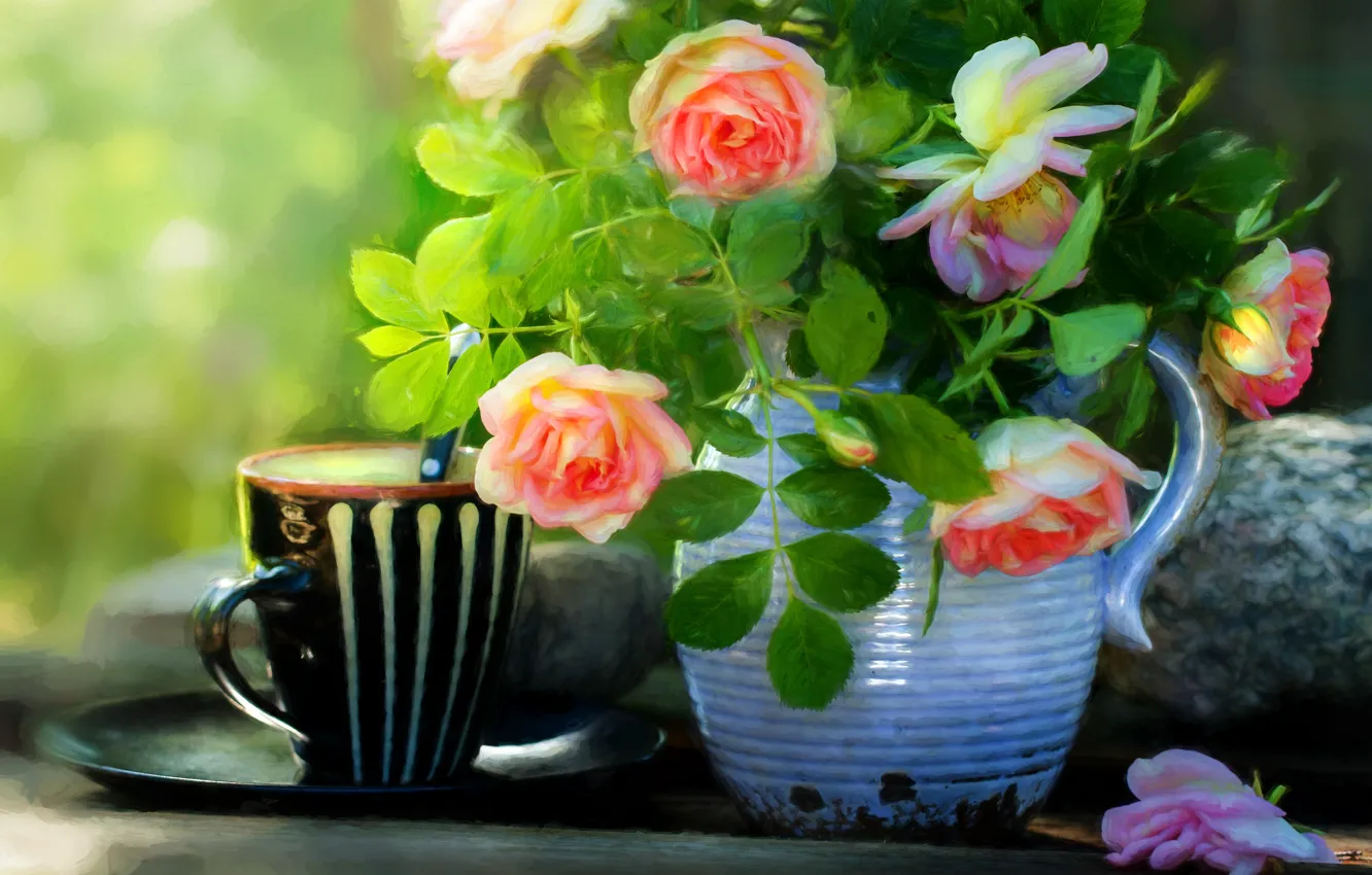 Photo wallpaper flowers, bright, roses, bouquet, mug, pitcher, still life