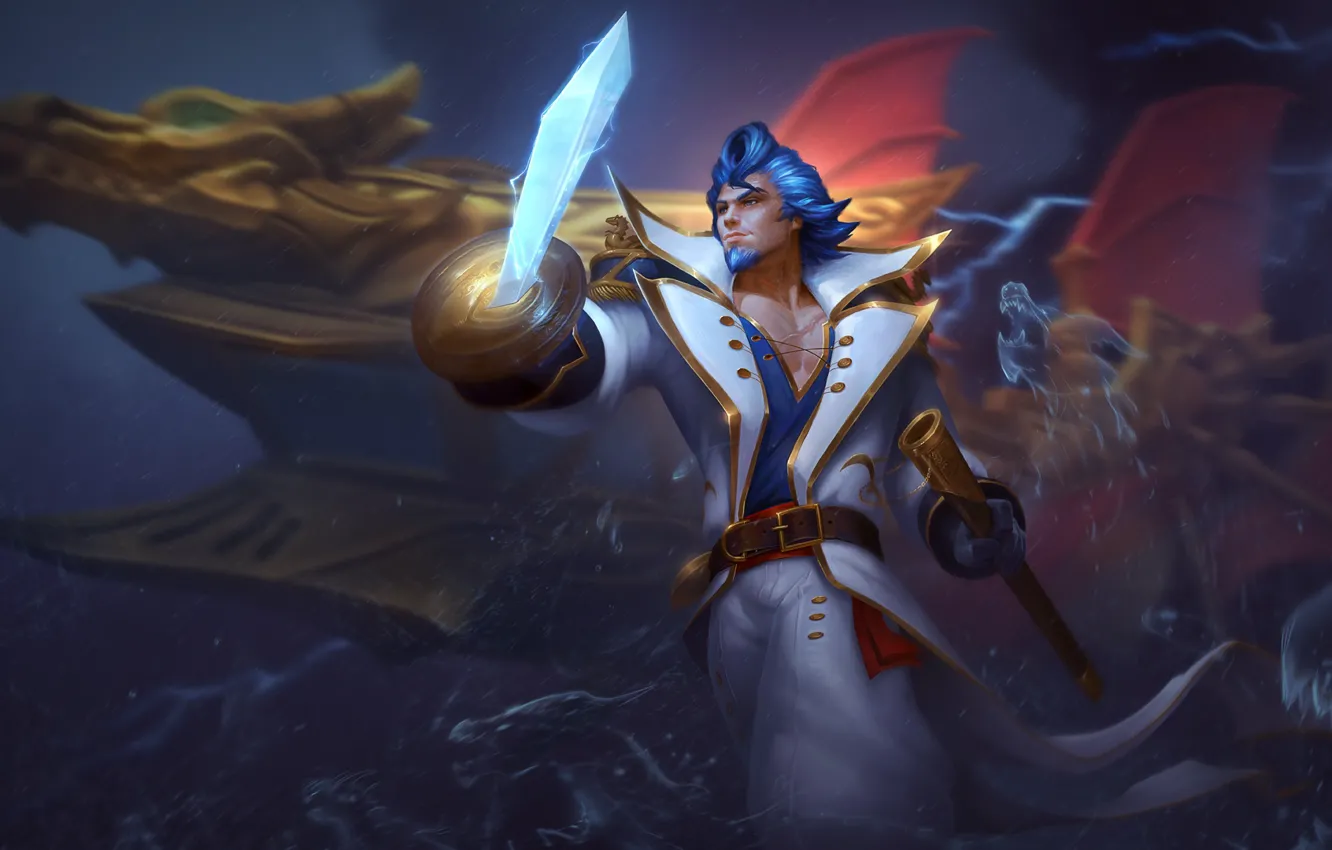 Photo wallpaper water, magic, dragon, sword, pirate, guy, Smite