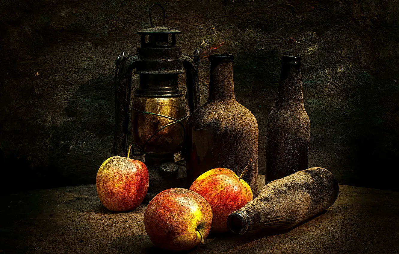 Photo wallpaper apples, bottle, lamp, dust, The passage of time