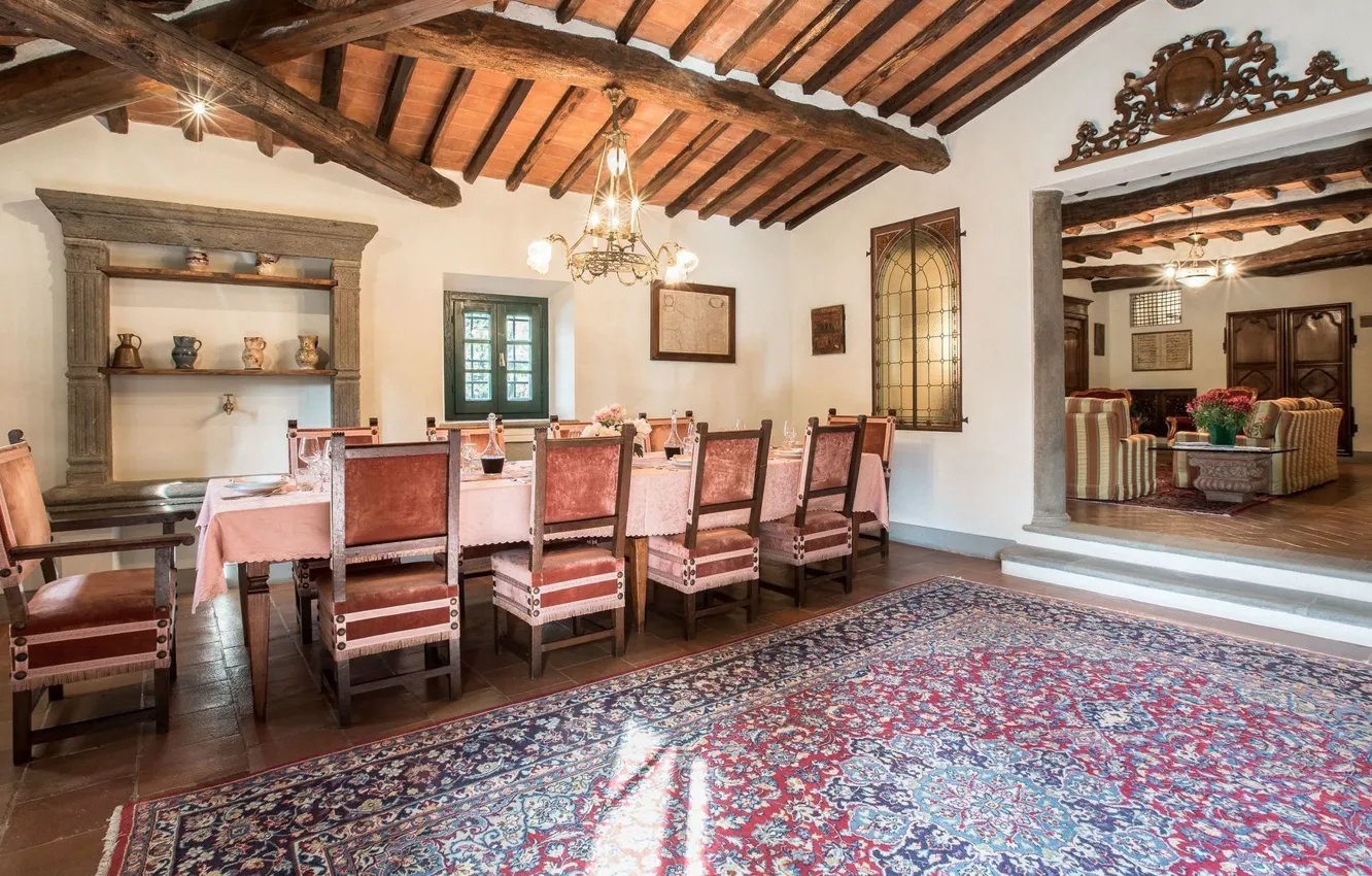 Photo wallpaper design, style, interior, Italy, living room, dining room, Tuscany, Villa Dell'Angelo