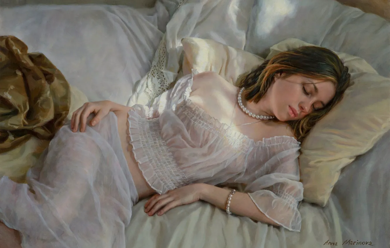 Photo wallpaper stay, fatigue, pillow, bed, bracelet, Nega, sleeping girl, translucent underwear