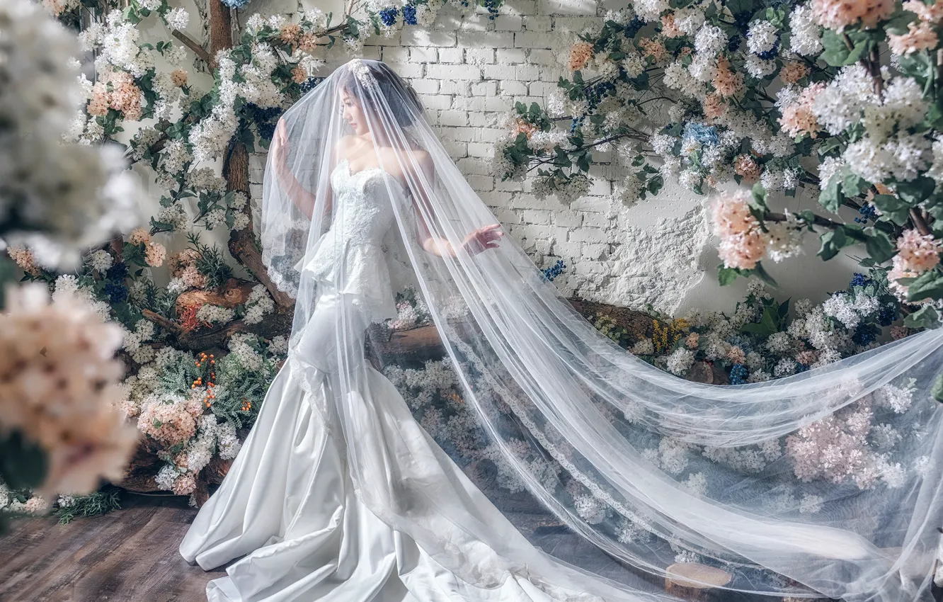 Photo wallpaper flowers, pose, style, model, Asian, the bride, veil, wedding dress