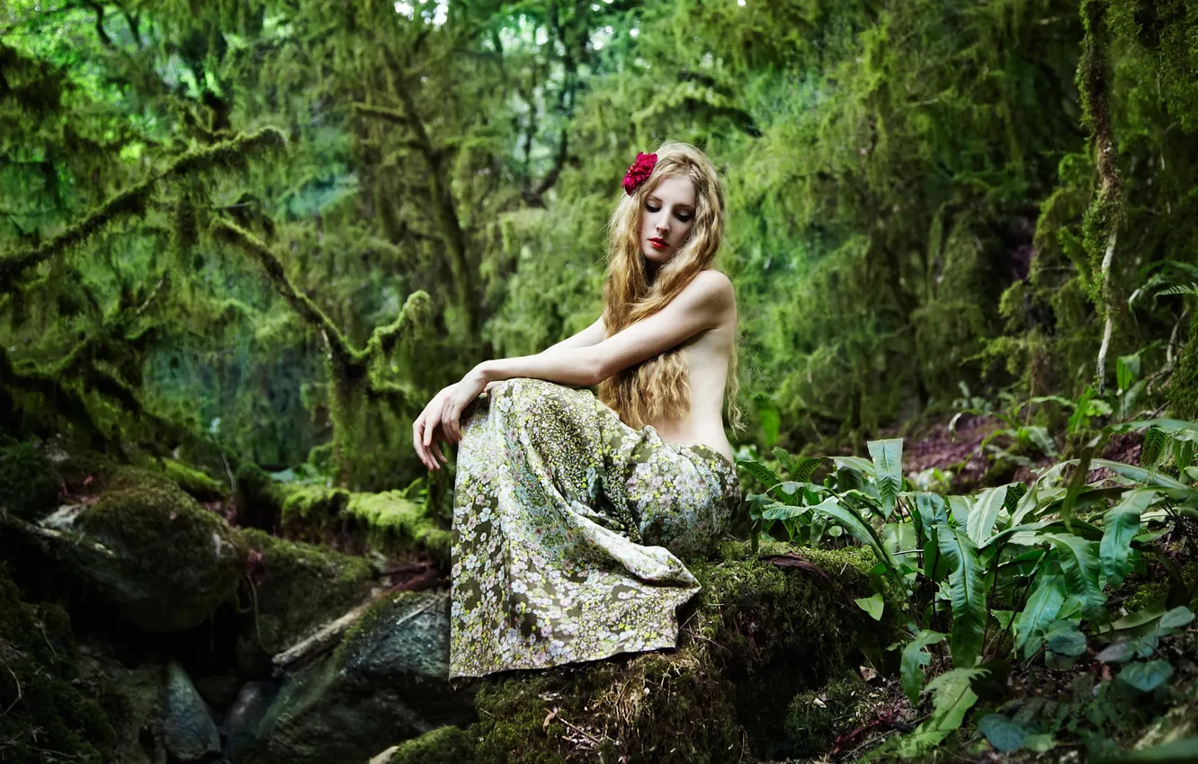 Photo wallpaper forest, girl, hair, stone, makeup, fairy forest