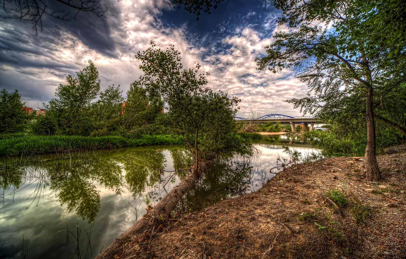 Photo wallpaper clouds, trees, bridge, river, HDR, Spain, the bushes, Zaragoza
