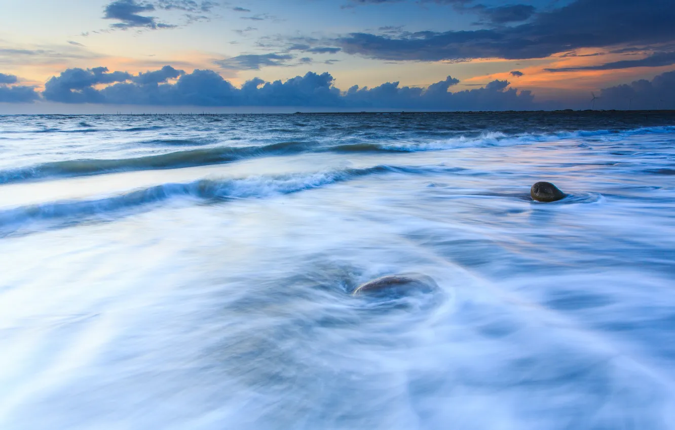 Photo wallpaper sea, wave, clouds, clouds, nature, stones