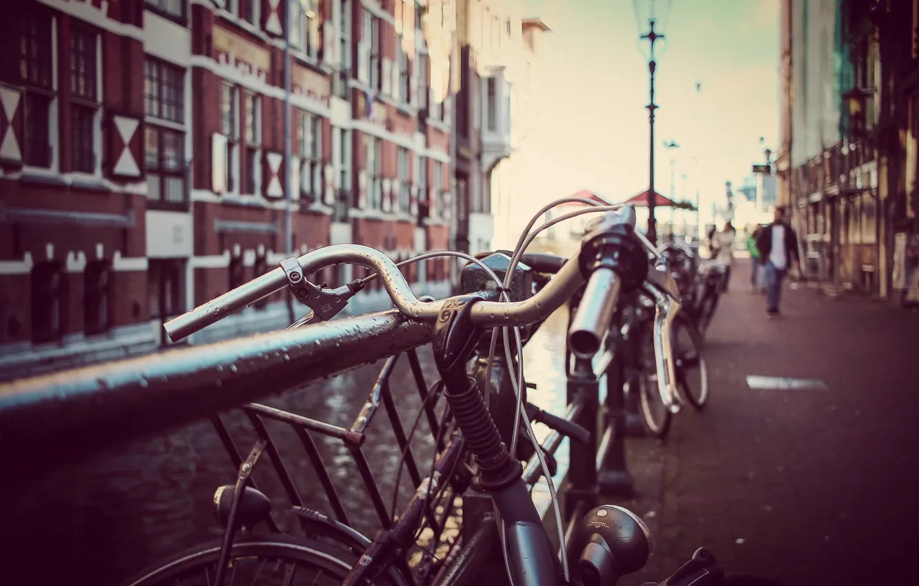 Photo wallpaper river, people, bokeh, bikes, canal, lamp posts, urban scene, citysacpe
