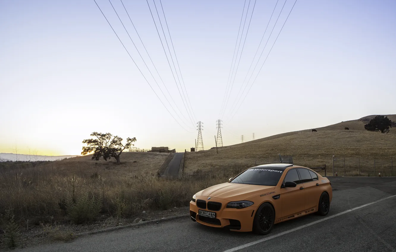 Photo wallpaper the sky, orange, bmw, BMW, orange, f10, power line