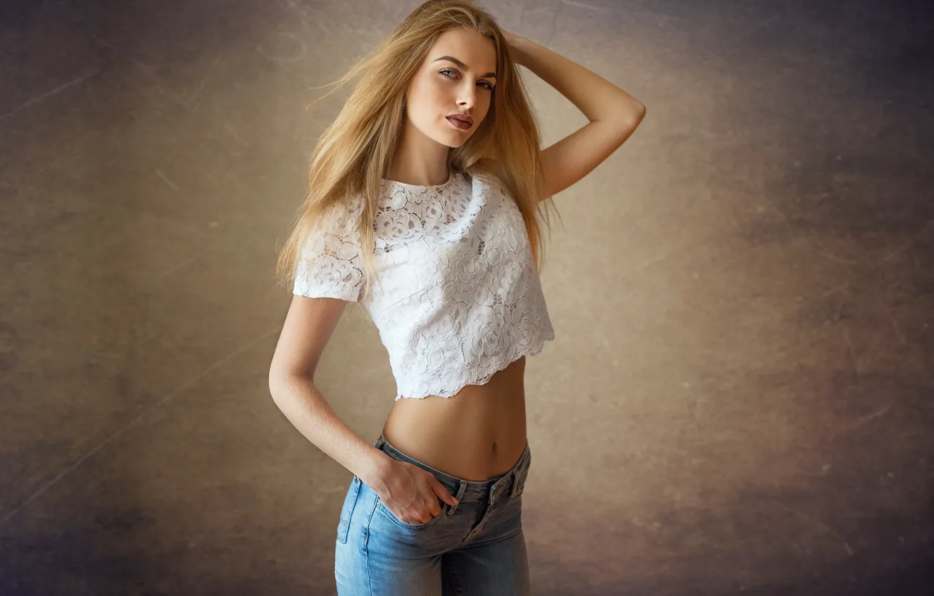 Photo wallpaper look, girl, pose, background, hair, jeans, figure, blonde