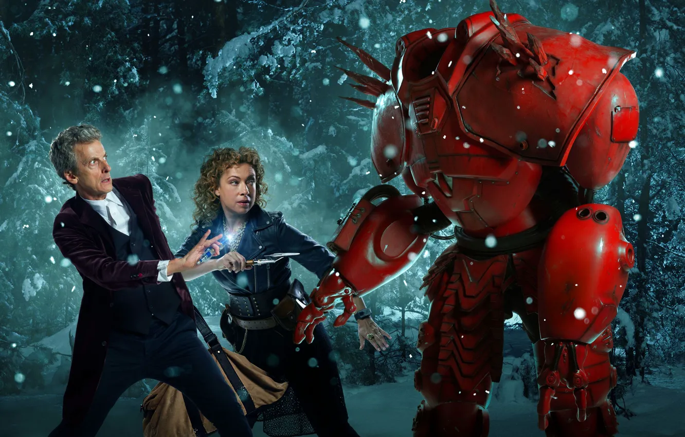 Photo wallpaper winter, forest, snow, trees, woman, robot, Christmas, actor