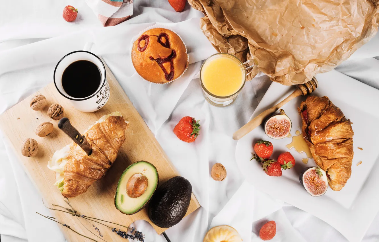 Photo wallpaper berries, coffee, food, Breakfast, juice, fruit, croissants, orange