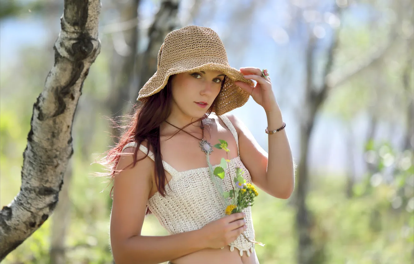 Photo wallpaper forest, hat, model, brunette, posing, hot babe, beautiful face, outdoors