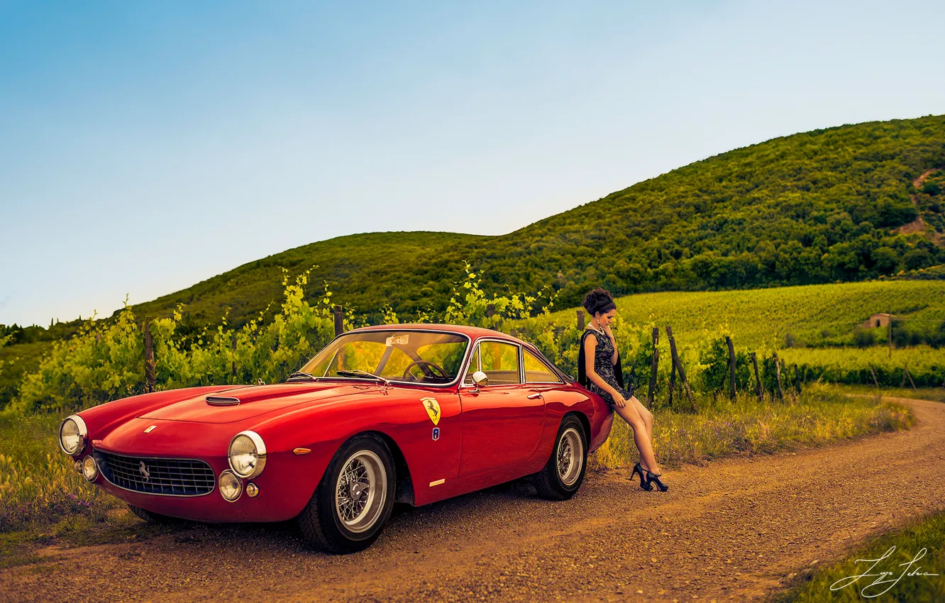 Photo wallpaper road, girl, the vineyards, Ferrari 250