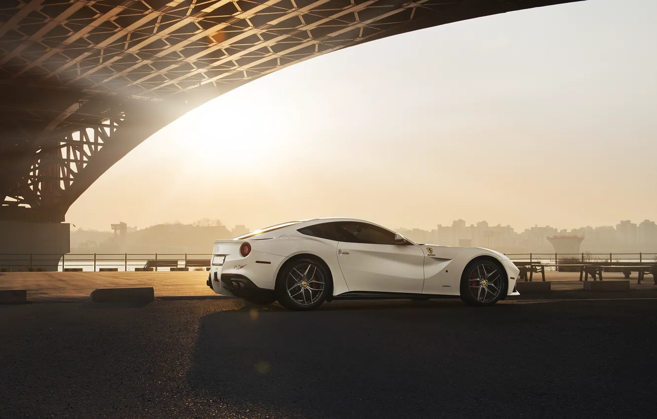 Photo wallpaper City, Ferrari, Bridge, Sun, White, Supercar, Berlinetta, F12