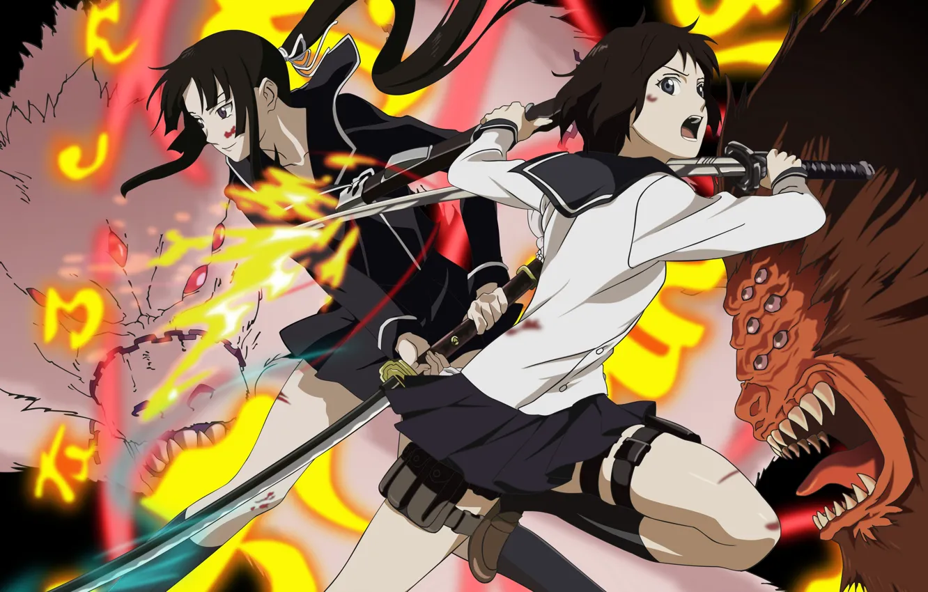 Photo wallpaper fire, flame, girl, sword, game, school uniform, war, eyes