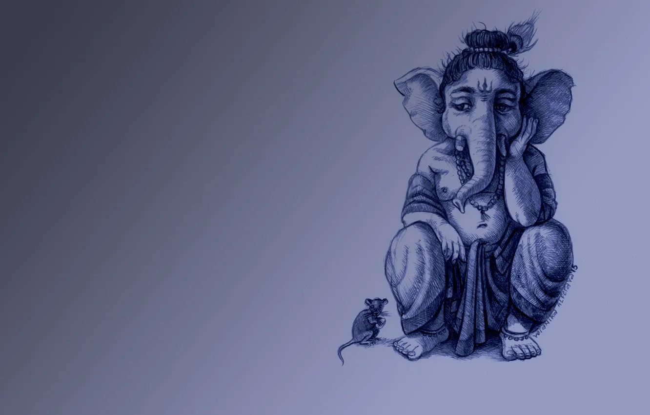 Photo wallpaper sadness, elephant, mouse, Ganesh, cool background