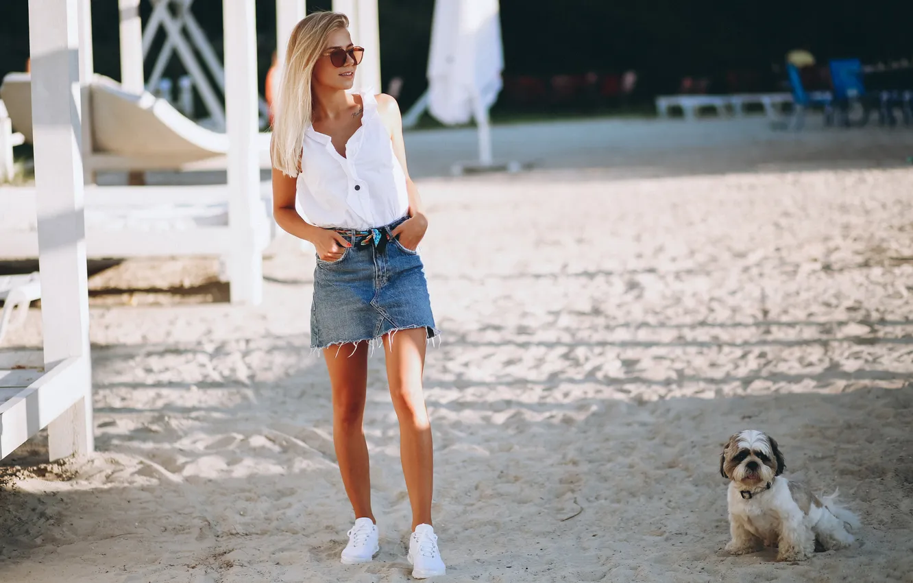 Photo wallpaper girl, dog, beauty, Denim, blonde, sneakers, miniskirt, glamorous