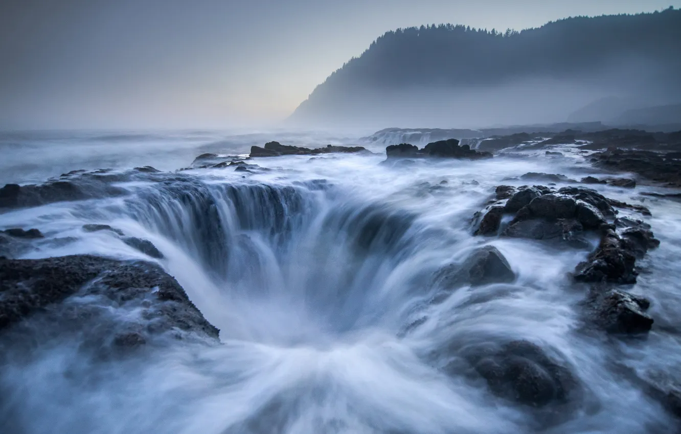 Photo wallpaper sea, wave, mountains, fog, stones, rocks, waterfall, stream