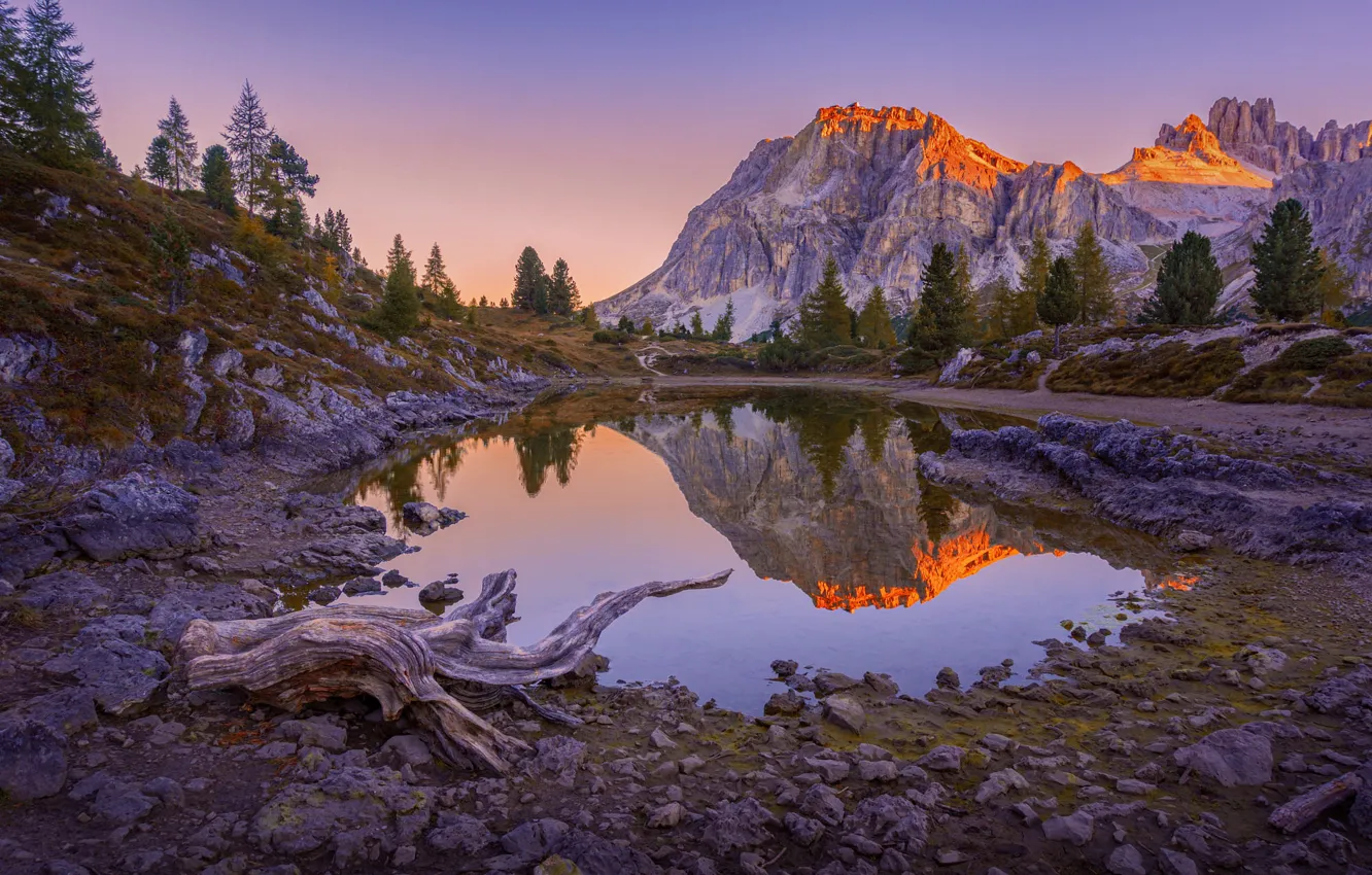 Photo wallpaper forest, light, mountains, lake, reflection, stones, shore, the evening