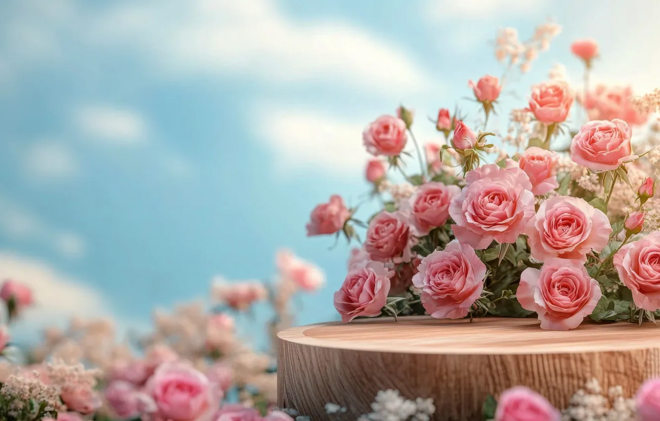 Photo wallpaper the sky, clouds, roses, bouquet, banner, pink, a lot, stand