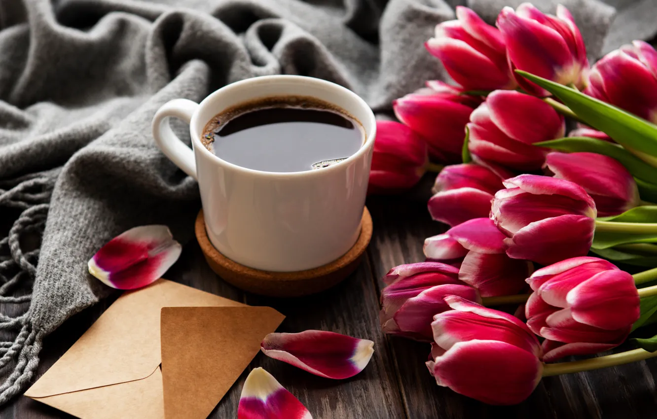 Photo wallpaper coffee, bouquet, tulips, the envelope, Olena Rudo