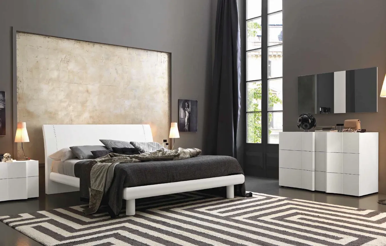 Photo wallpaper design, room, carpet, dark, lamp, bed, picture, pillow