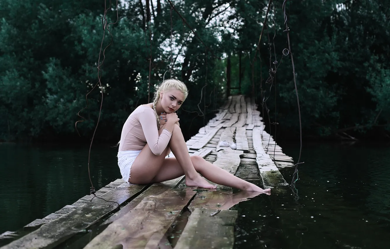 Photo wallpaper water, pose, model, blonde, river, the bridge, cutie, Lilia Budaeva