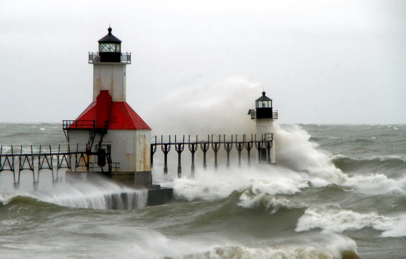Photo wallpaper sea, wave, lighthouse